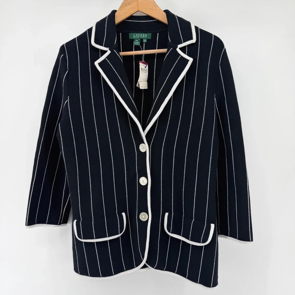 Lauren Ralph Lauren Navy White Pinstripe Knit Blazer Cardigan Jacket Womens M - Picture 1 of 9